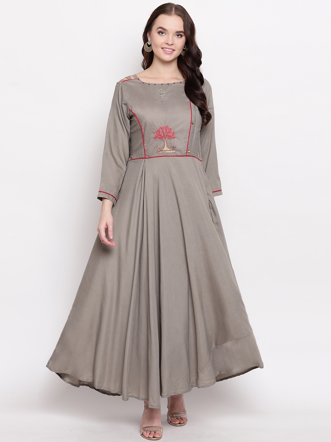Kvsfab Women Solid Grey Embroidered Maxi Dress Price in India