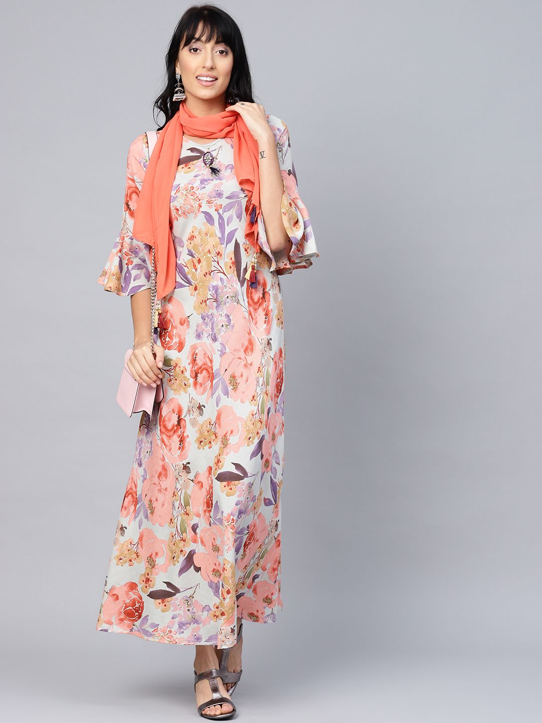 Buy Shree Women Grey & Peach-Coloured Floral Printed Maxi Dress with Stole  - Dresses for Women 10295209 | Myntra