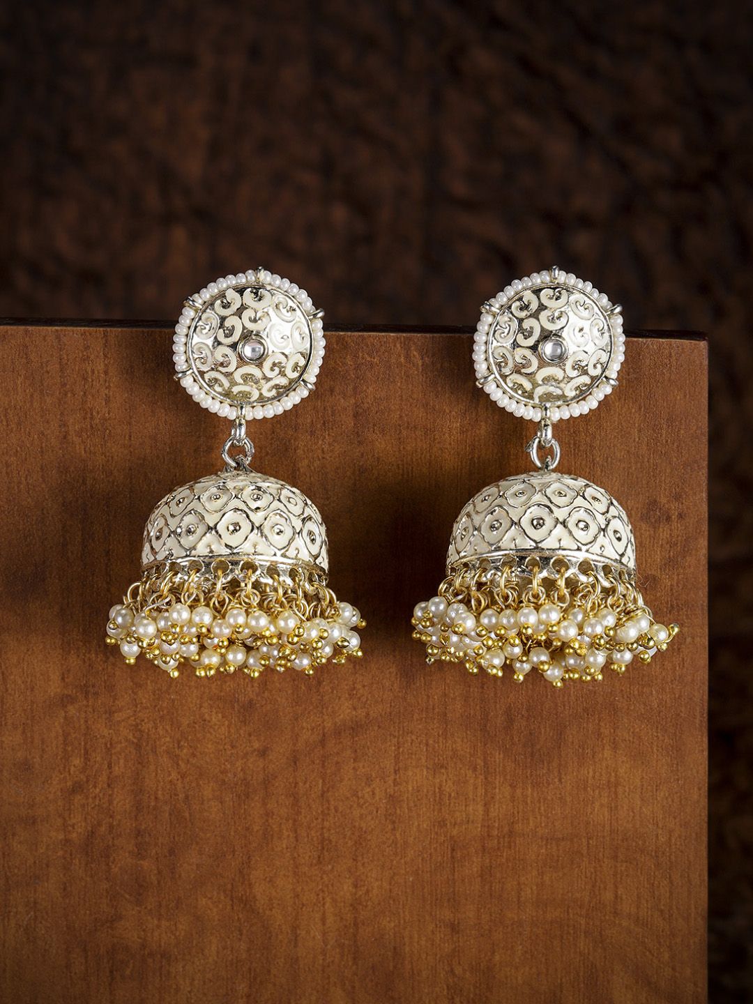 Zaveri Pearls Gold-Toned & Off-White Dome Shaped Jhumkas Price in India