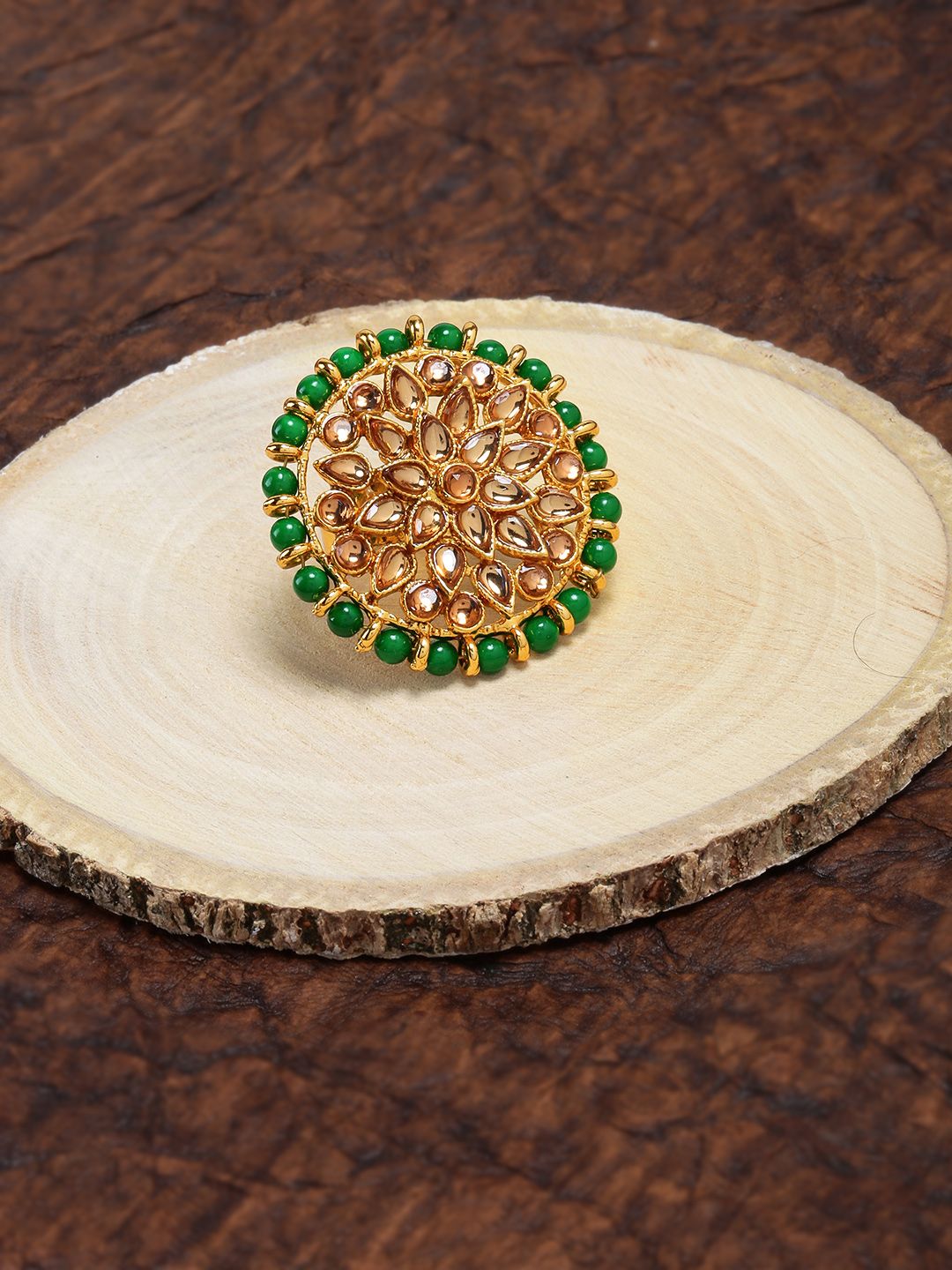 Zaveri Pearls Gold Toned & Green Stone Studded Adjustable Finger Ring Price in India