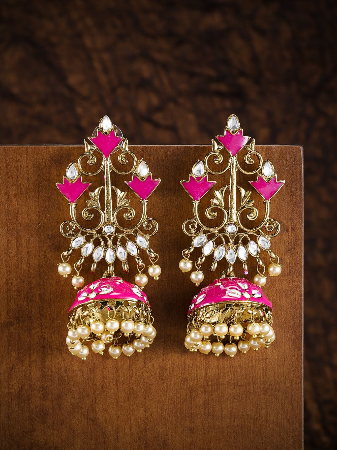 Zaveri Pearls Gold-Toned & Magenta Enamelled Dome Shaped Jhumkas Price in India