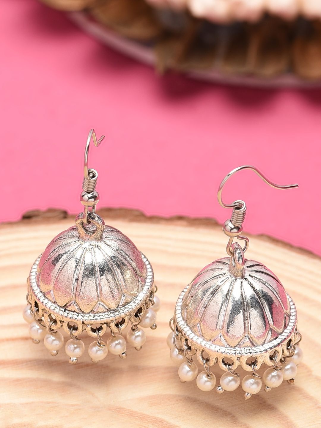 Zaveri Pearls Silver-Toned Dome Shaped Jhumkas Price in India