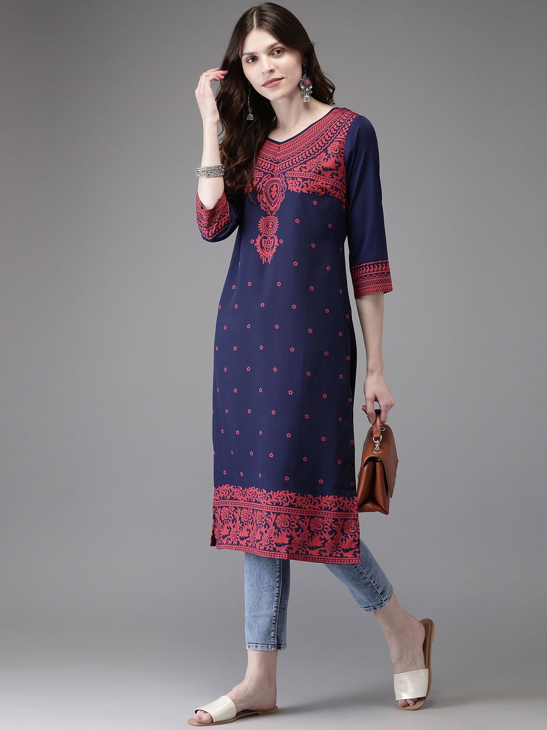 Anouk Women Navy Blue & Peach-Coloured Printed Straight Kurta Price in India