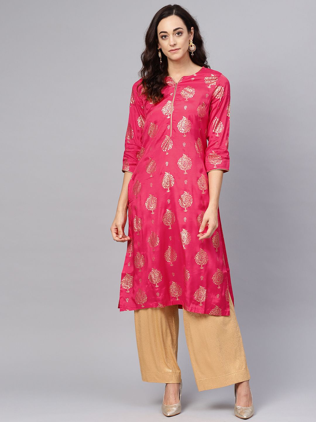 Biba Women Pink & Golden Printed Straight Kurta