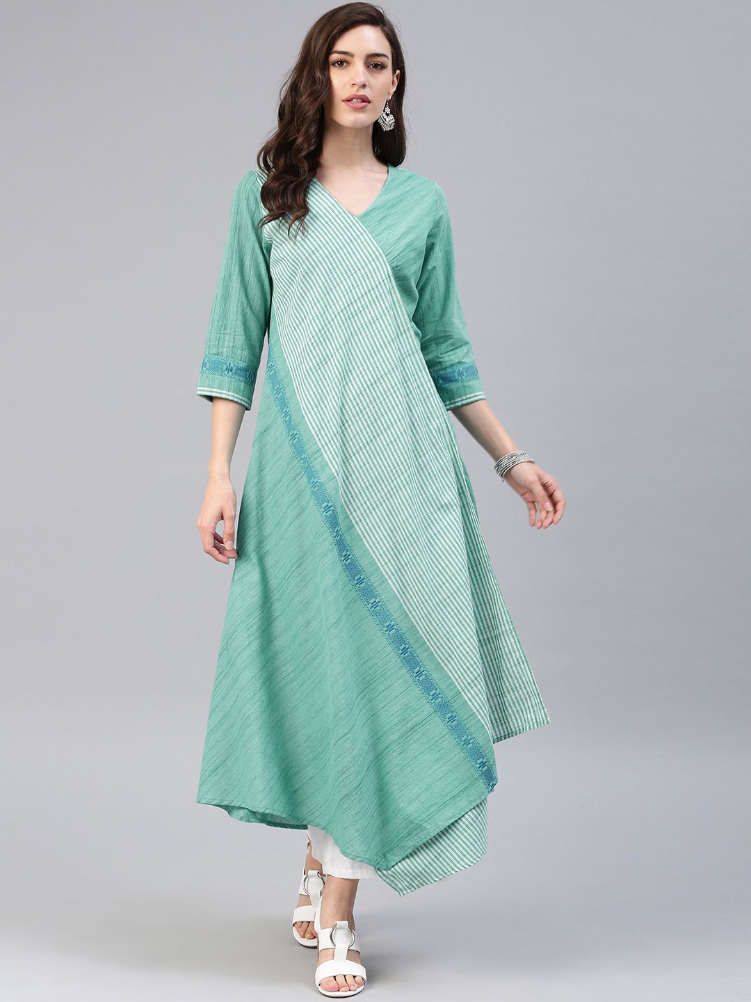 Biba Women Turquoise Blue & Off-White Striped Asymmetric Anarkali Kurta