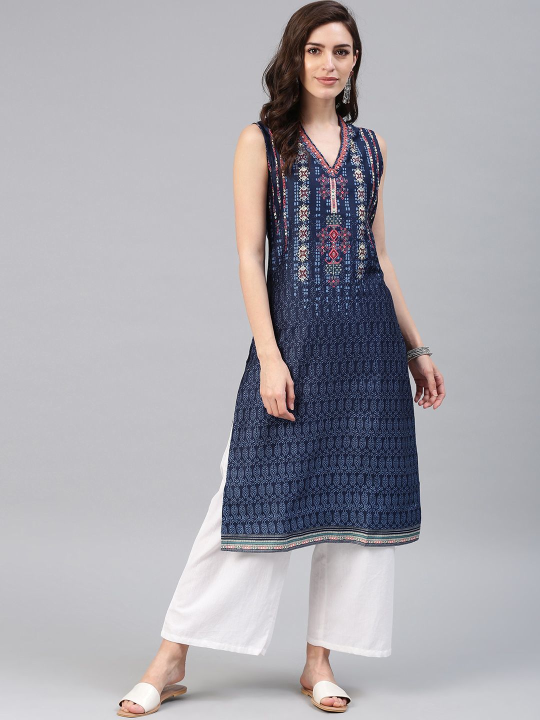 Biba Women Navy Blue Embroidered Straight Kurta