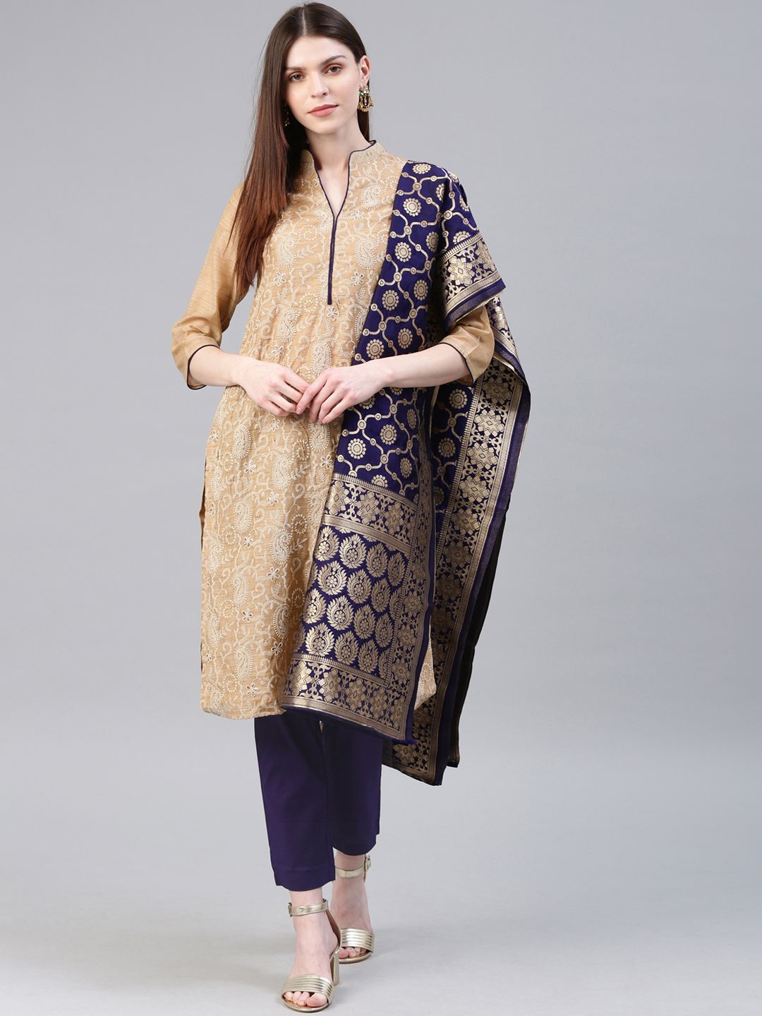 Biba Women Beige & Navy Blue Embroidered Kurta with Churidar & Dupatta