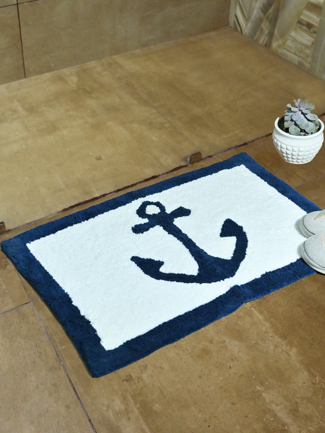 Avira Home Blue and Beige Anchor Bath Mat Price in India