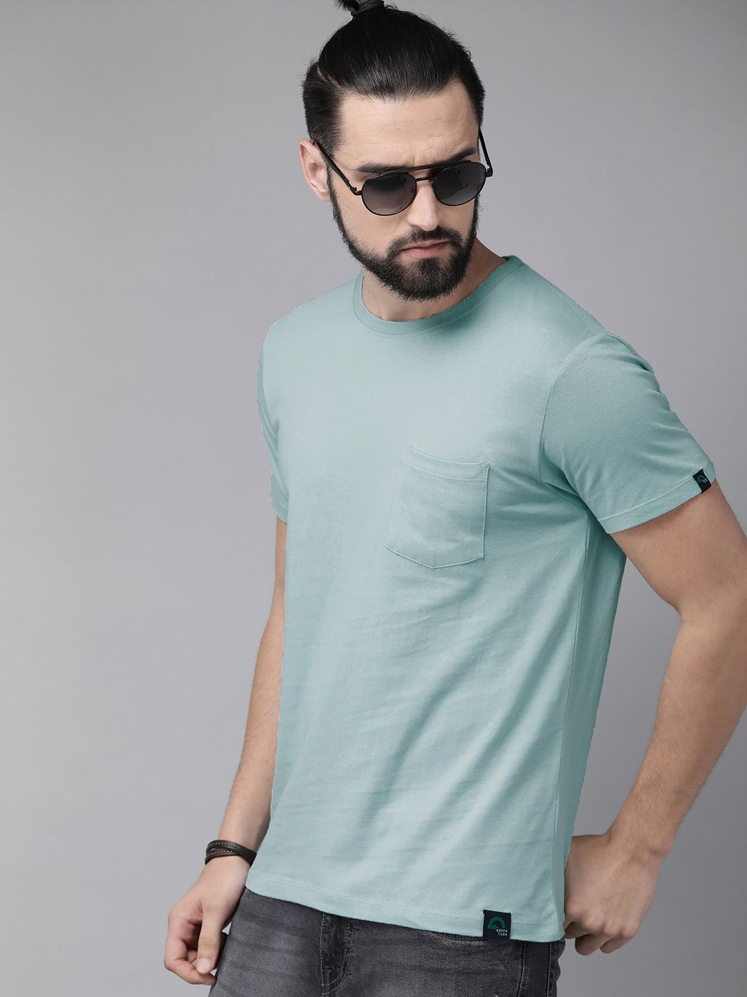 Roadster Men Turquoise Blue Solid Round Neck Organic Cotton Greenturn T-shirt