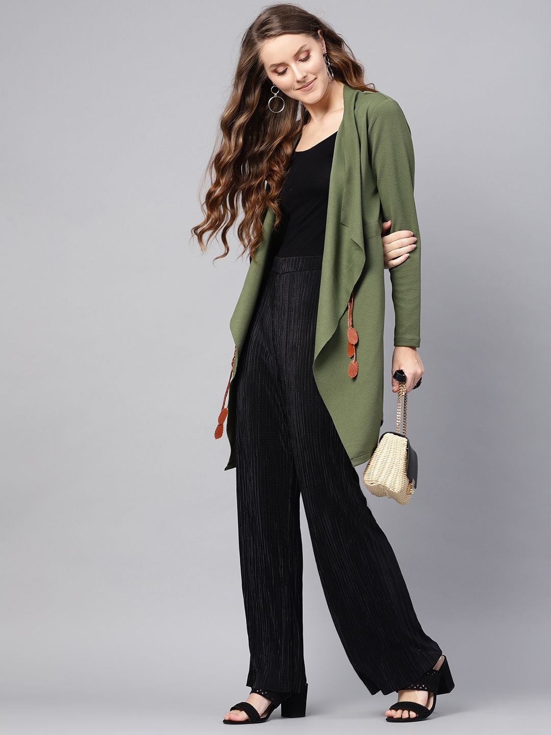 SASSAFRAS Women Olive Green Solid Longline Waterfall Shrug with Tie-Up Price in India