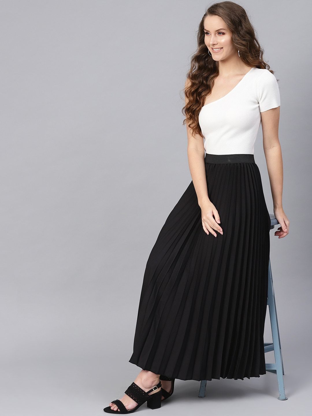 SASSAFRAS Black Accordian Pleat Maxi Flared Skirt Price in India