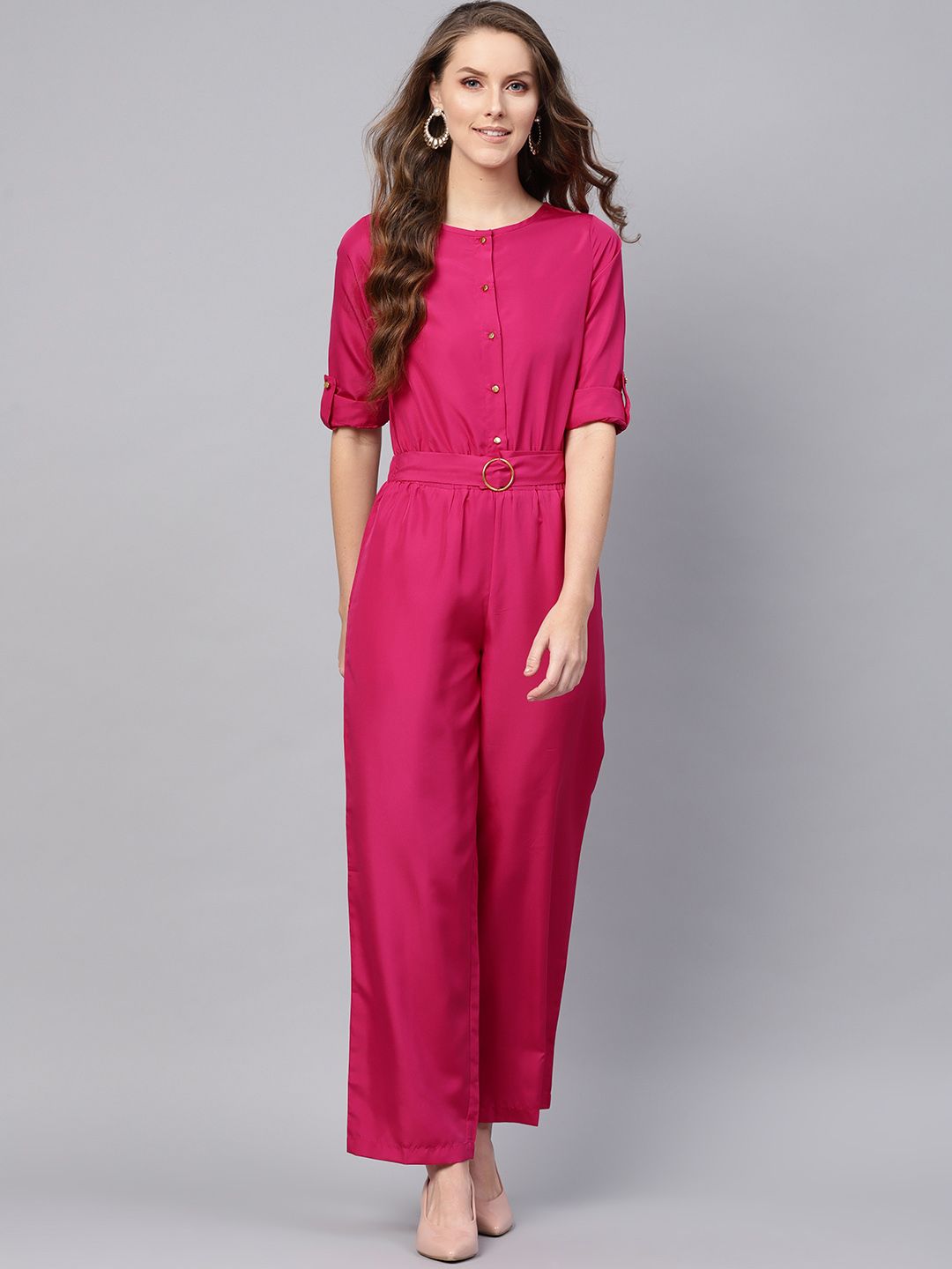 SASSAFRAS Women Fuchsia Pink Solid Basic Jumpsuit Price in India
