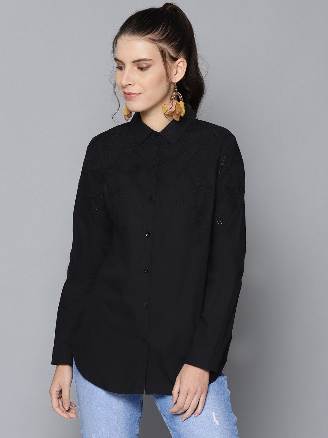 Label Ritu Kumar Women Black Regular Fit Embroidered Casual Shirt