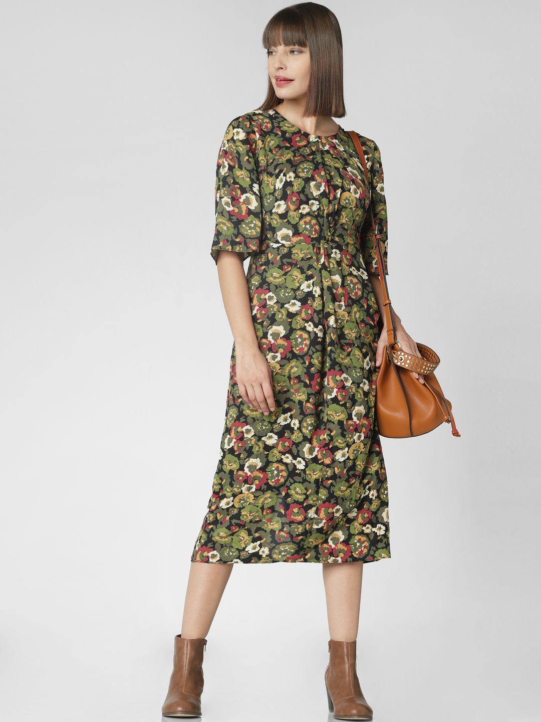 Vero Moda Women Black & Olive Green Floral Print A-Line Dress