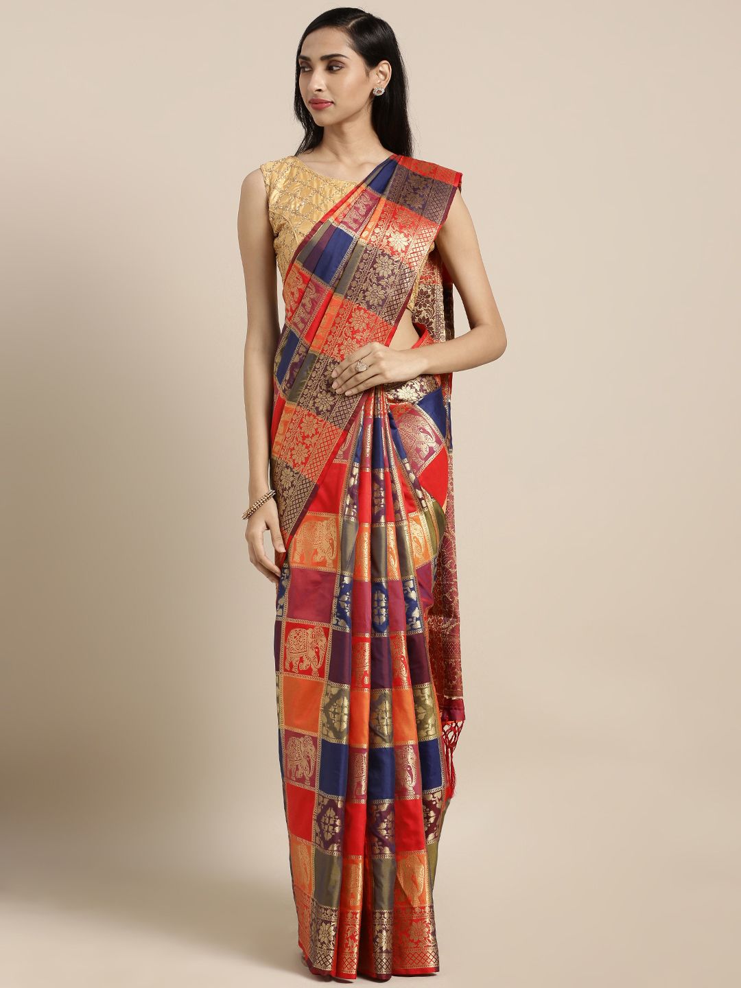 Varkala Silk Sarees Orange & Blue Checked Silk Blend Woven Design Banarasi Saree Price in India