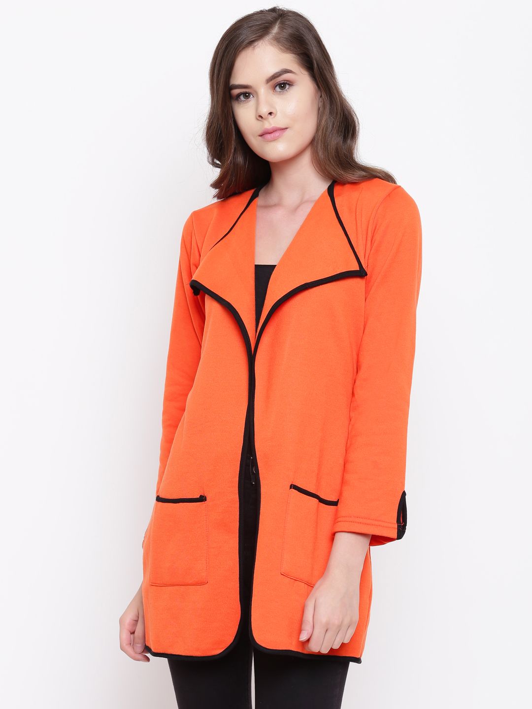 Belle Fille Women Orange Solid Open Front Longline Shrug Price in India