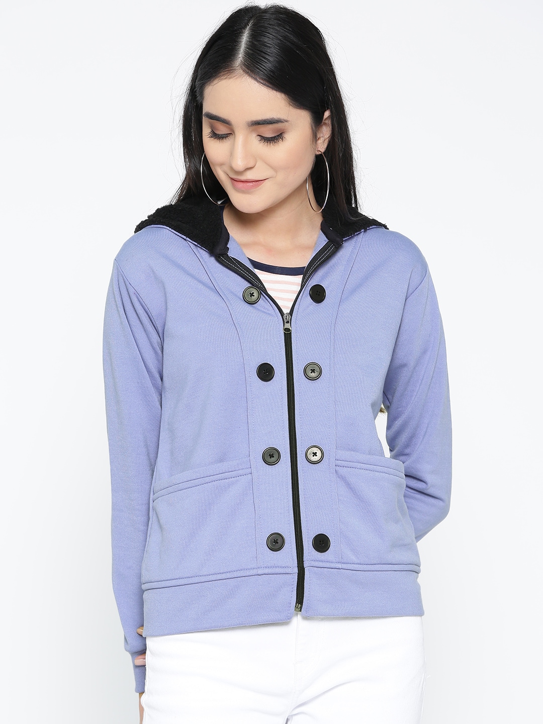 Belle Fille Women Blue Solid Hooded Jacket Price in India