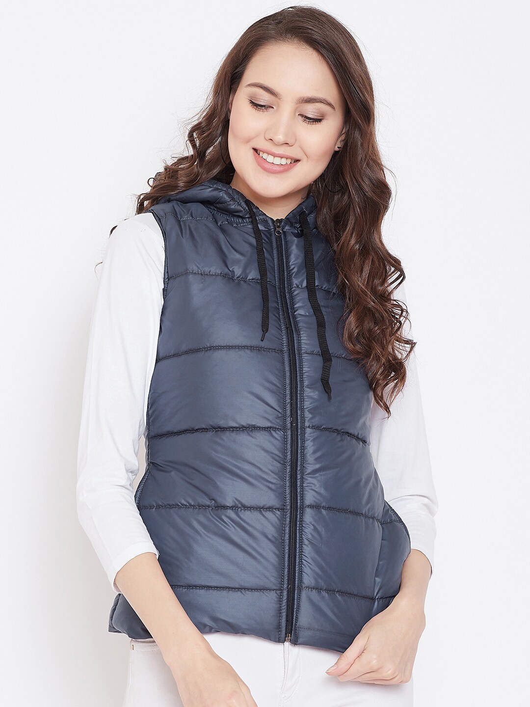 Belle Fille Women Navy Blue Solid Sleeveless Insulator Puffer Jacket Price in India
