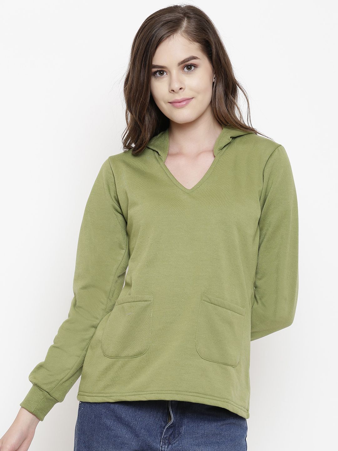 Belle Fille Women Green Solid Hooded Sweatshirt Price in India