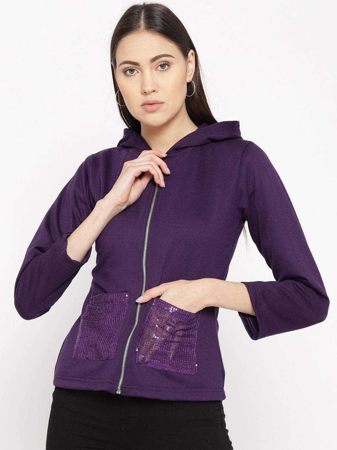 Belle Fille Women Purple Solid Hooded Sweatshirt Price in India