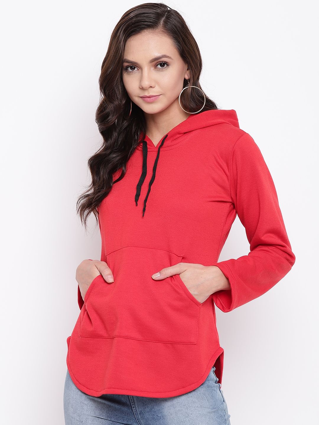 Belle Fille Women Red Solid Hooded Sweatshirt Price in India