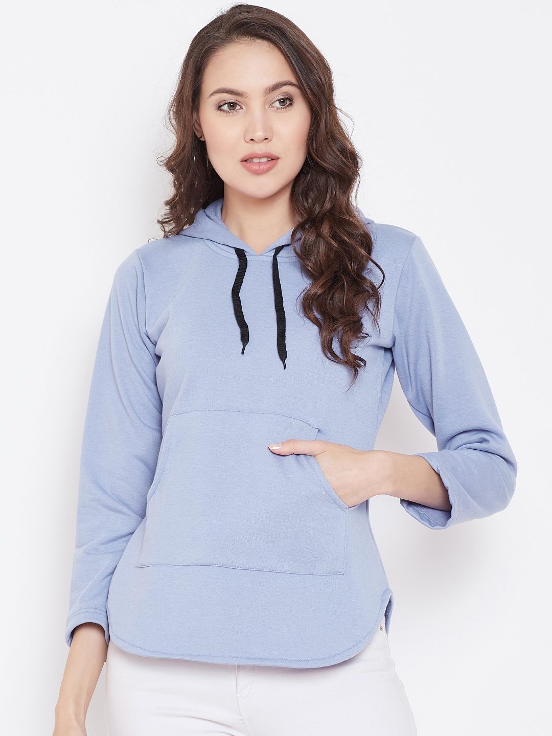 Belle Fille Women Blue Solid Hooded Sweatshirt Price in India