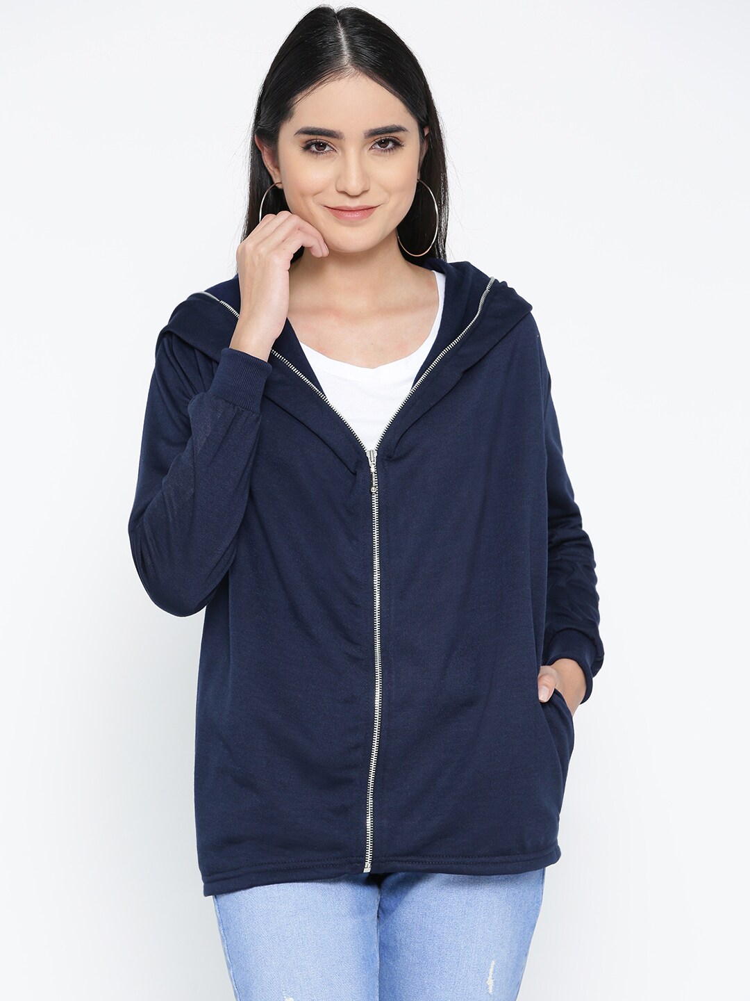 Belle Fille Women Navy Blue Solid Hooded Sweatshirt Price in India