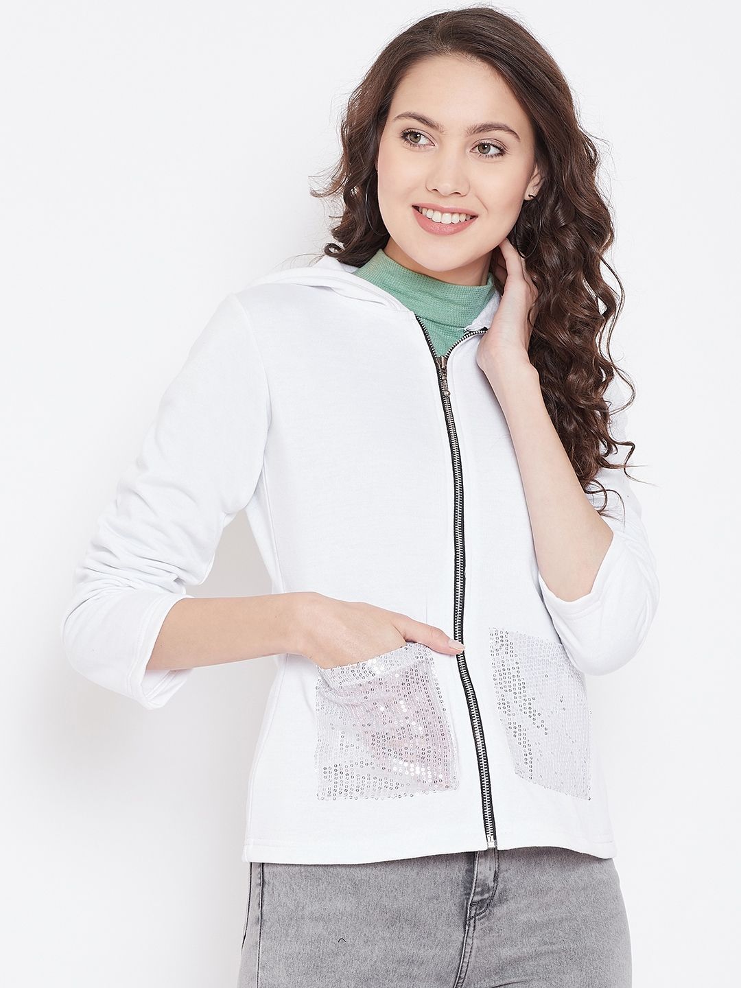 Belle Fille Women White Solid Hooded Sweatshirt Price in India