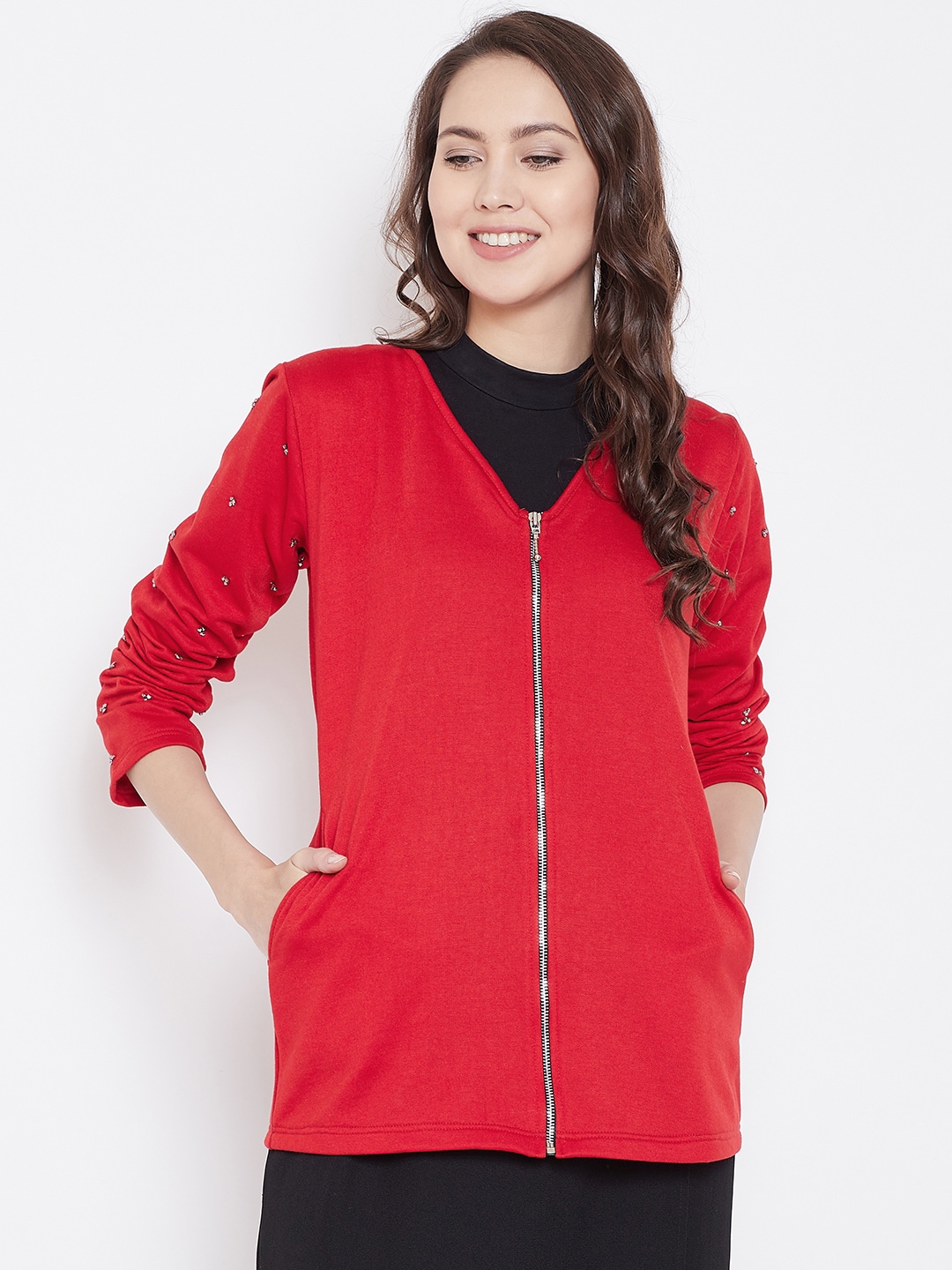 Belle Fille Women Red Solid Tailored Jacket Price in India