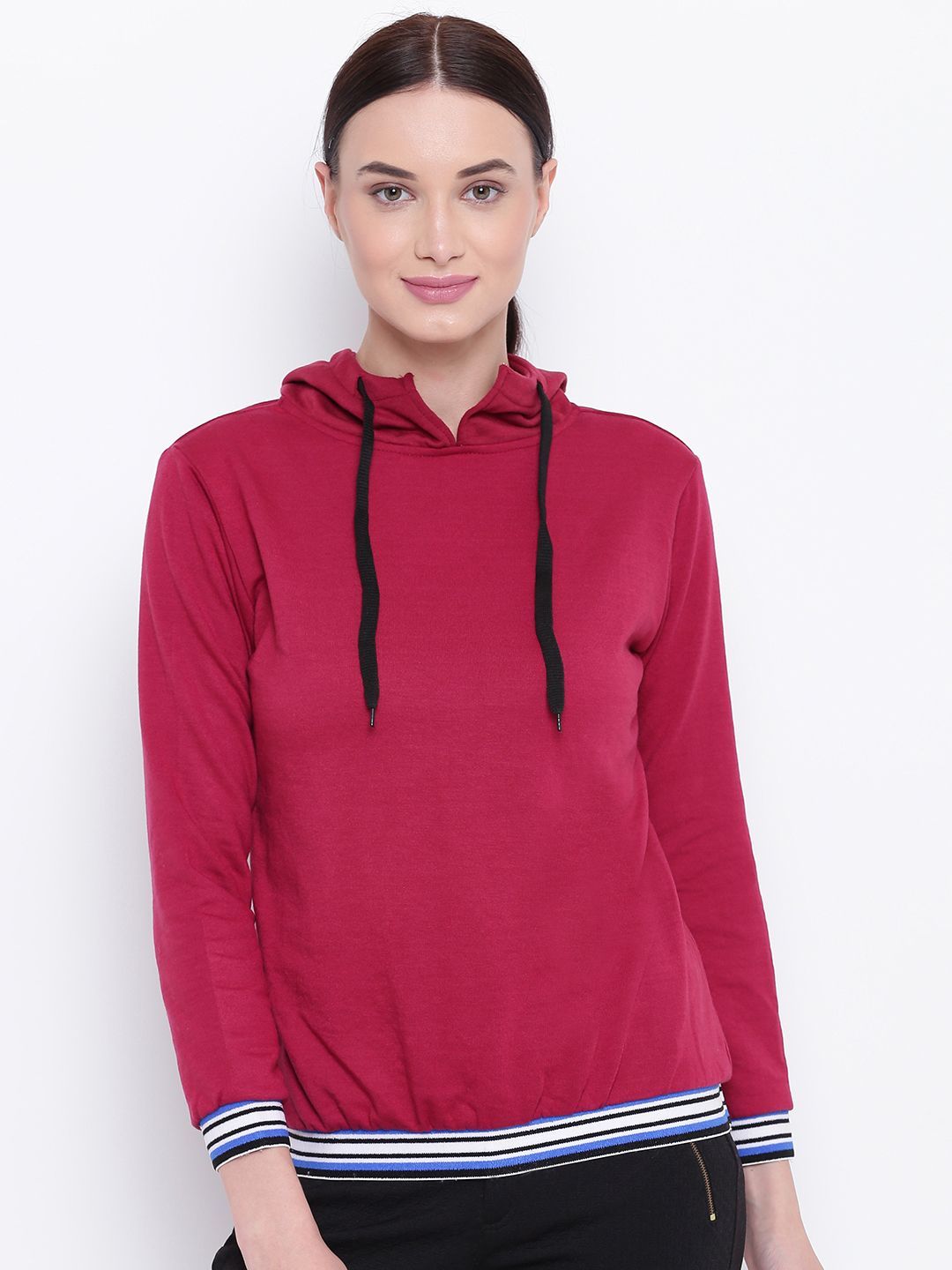Belle Fille Women Maroon Solid Hooded Sweatshirt Price in India