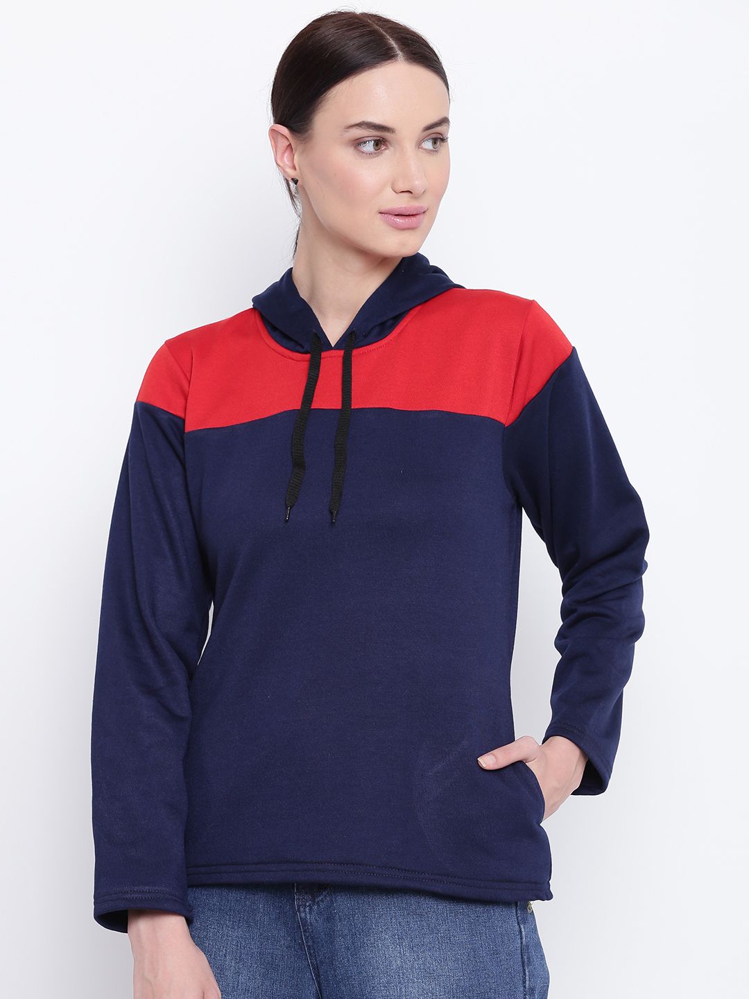 Belle Fille Women Navy Blue & Red Colourblocked Hooded Sweatshirt Price in India