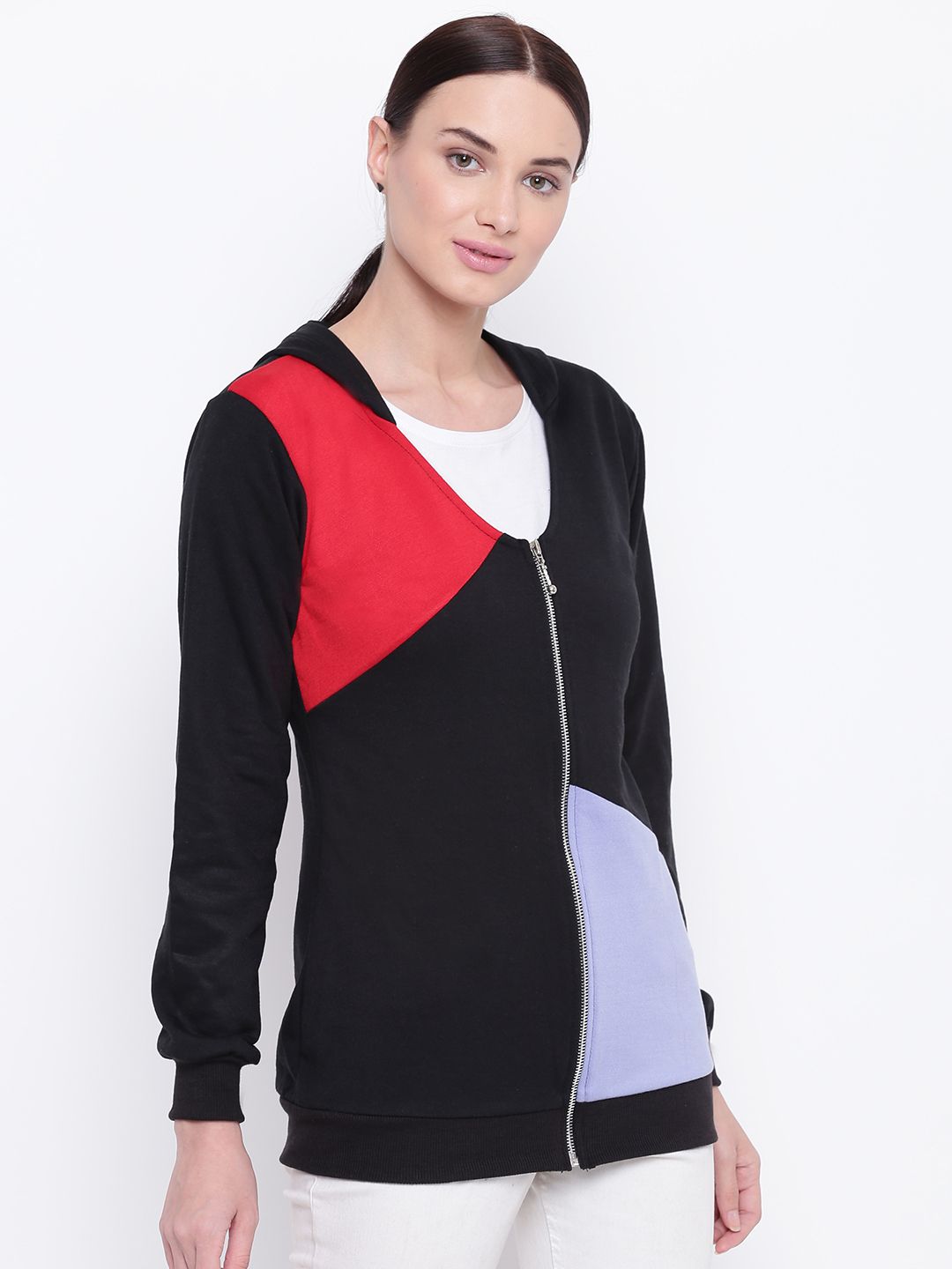 Belle Fille Women Black & Red Colourblocked Longline Hooded Sweatshirt Price in India