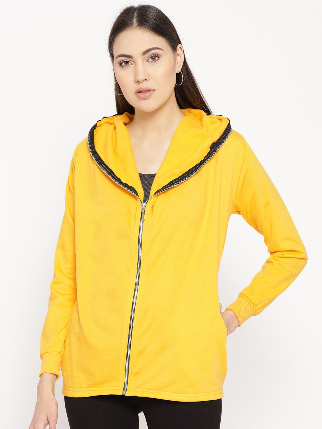 Belle Fille Women Yellow Solid Hooded Sweatshirt Price in India