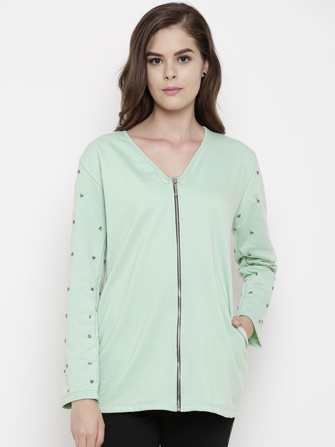 Belle Fille Women Sea Green Solid Open Front Lightweight Jacket Price in India