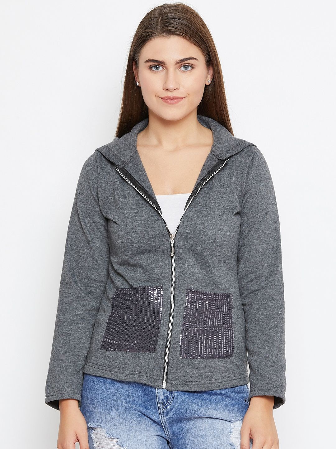 Belle Fille Women Charcoal Grey Solid Hooded Jacket Price in India