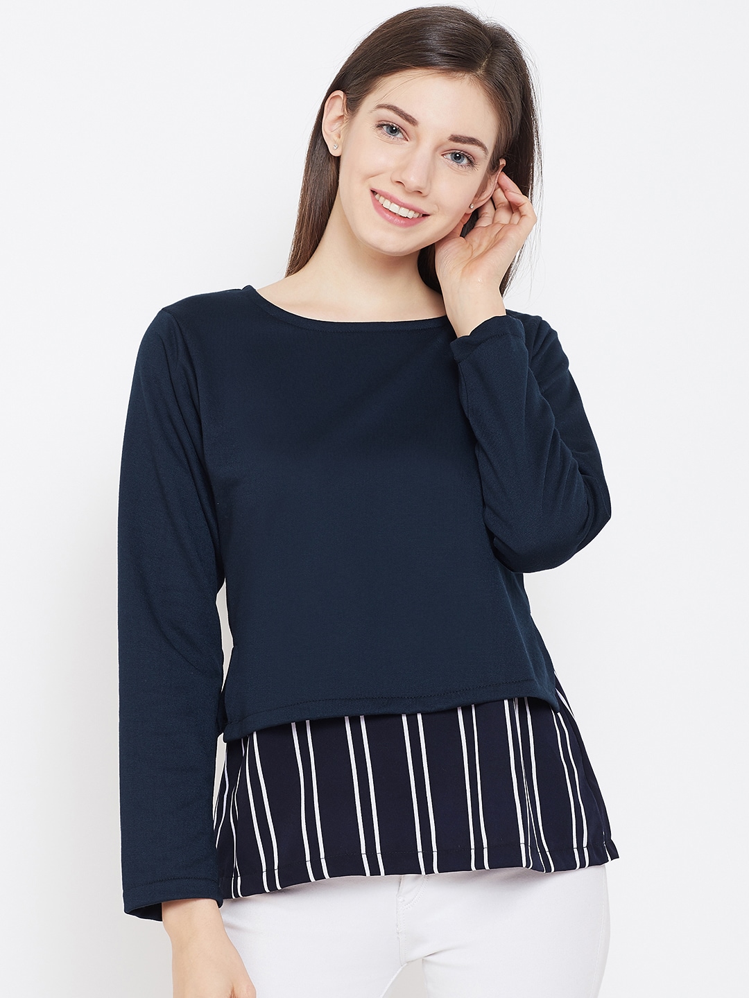 Belle Fille Women Navy Blue & White Solid Layered Sweatshirt Price in India
