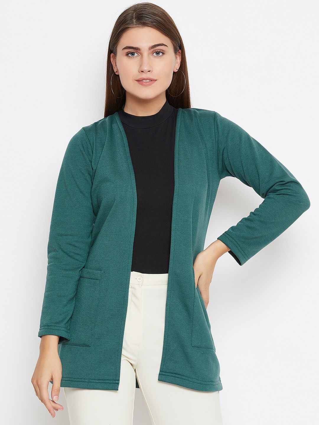 Belle Fille Women Green Solid Open Front Shrug Price in India