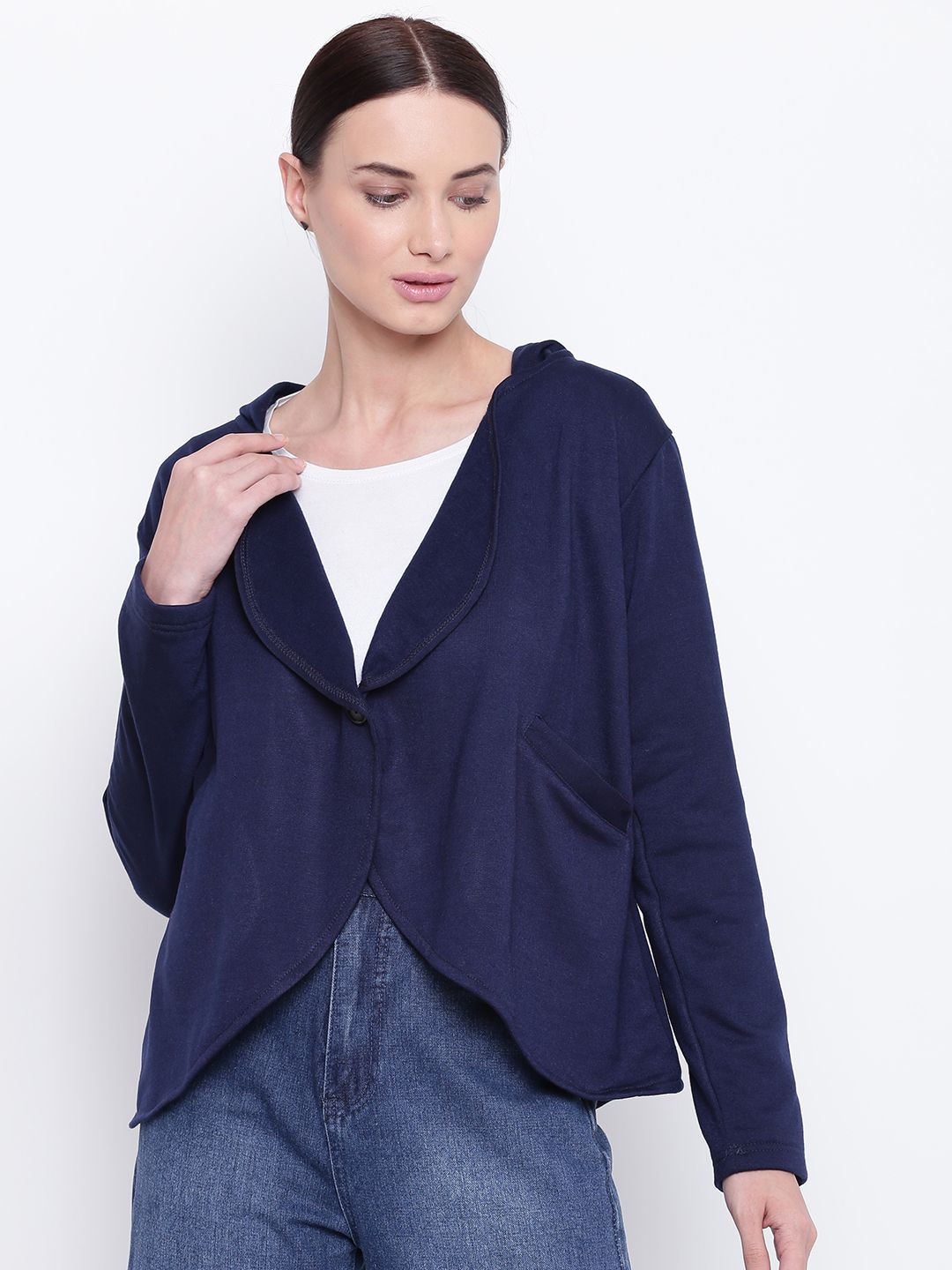 Belle Fille Women Navy Blue Solid Hooded Tailored Jacket Price in India