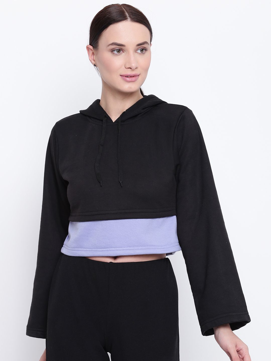 Belle Fille Women Black & Purple Colourblocked Hooded Cropped Sweatshirt Price in India
