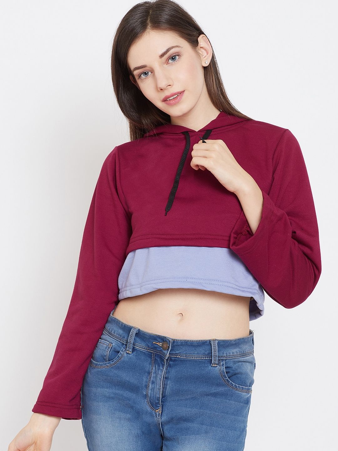Belle Fille Women Maroon & Blue Colourblocked Hooded Crop Sweatshirt Price in India