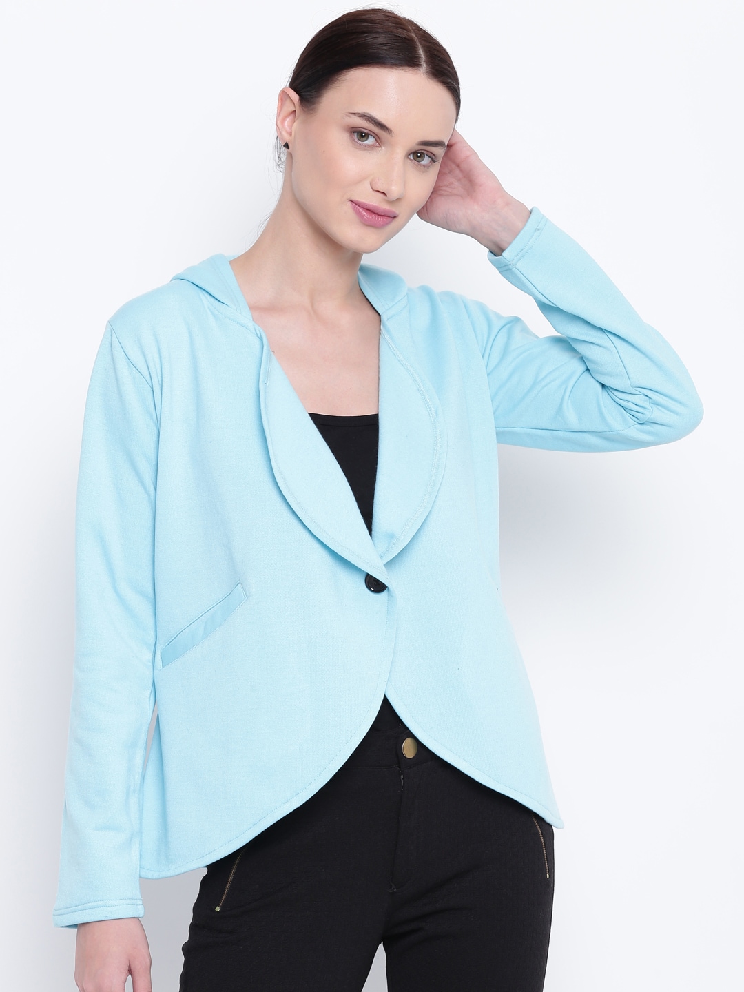 Belle Fille Women Blue Solid Hooded Tailored Jacket Price in India
