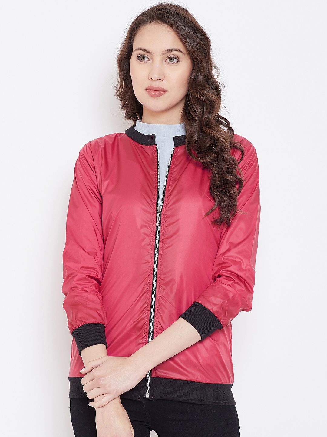 Belle Fille Women Pink Solid Lightweight Bomber Jacket Price in India