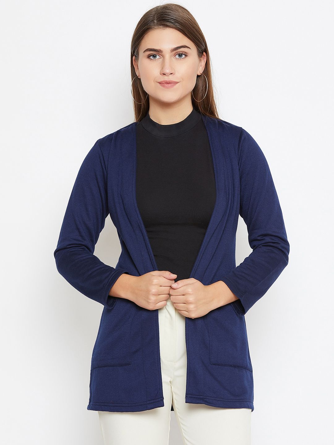 Belle Fille Women Navy Blue Solid Open Front Shrug Price in India