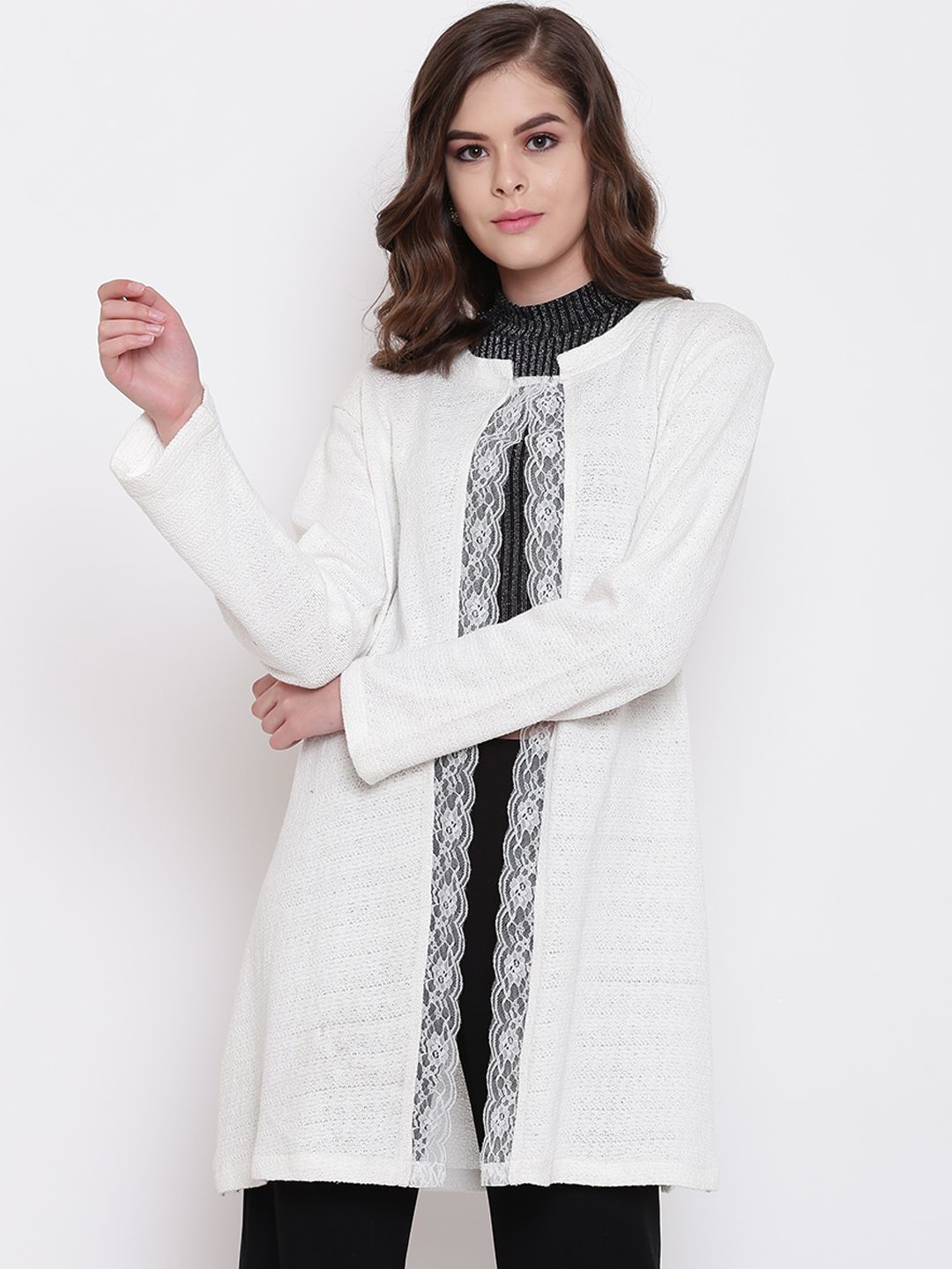 Belle Fille Women Off-White Solid Open Front Longline Shrug Price in India