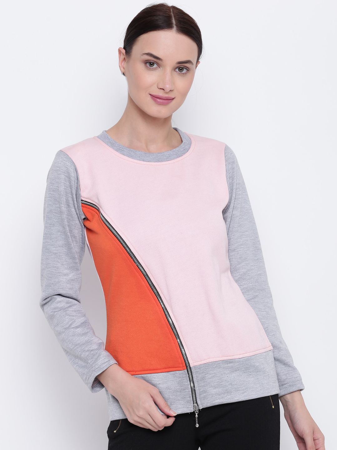 Belle Fille Women Pink & Orange Colourblocked Sweatshirt Price in India
