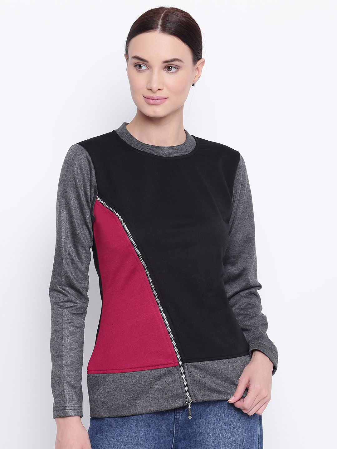 Belle Fille Women Black & Maroon Colourblocked Sweatshirt Price in India