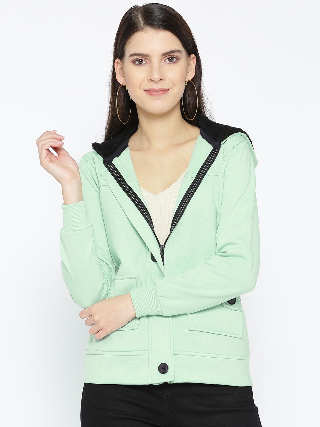 Belle Fille Women Sea Green Solid Lightweight Tailored Hooded Jacket Price in India