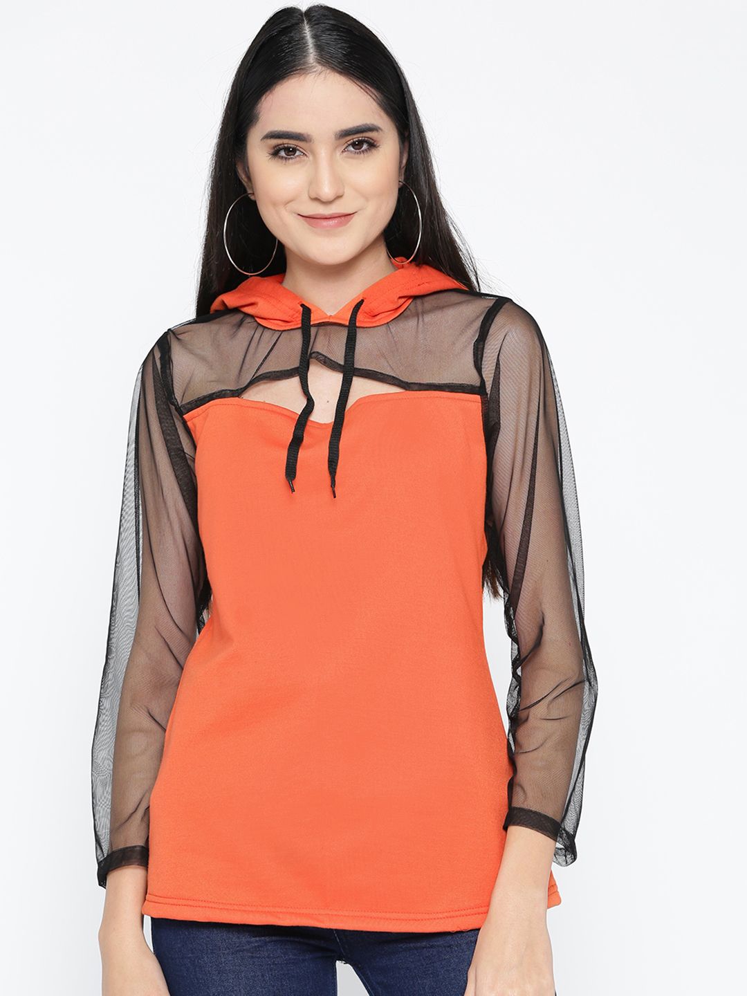 Belle Fille Women Orange & Black Semi-Sheer Solid Hooded Sweatshirt Price in India