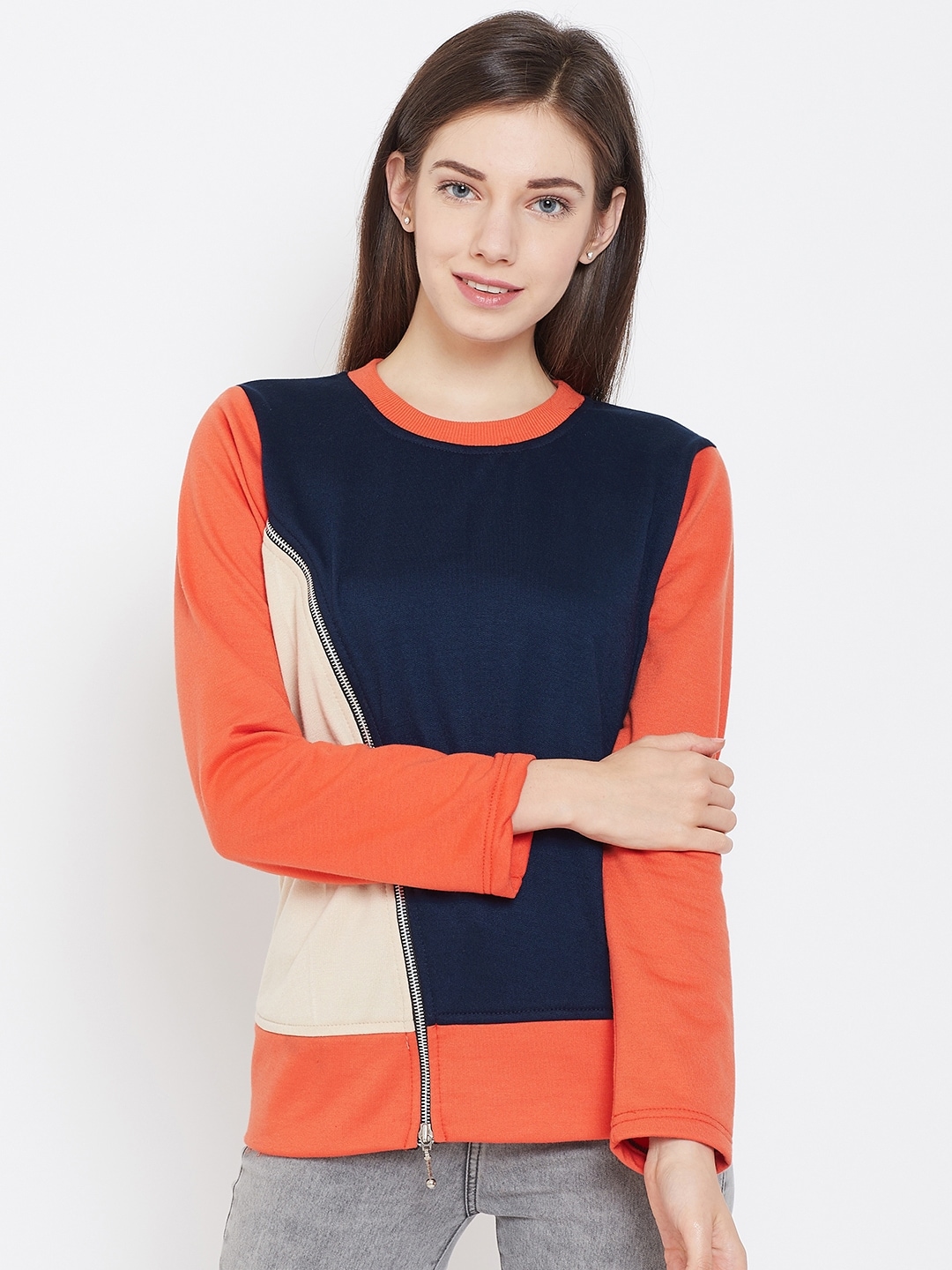 Belle Fille Women Navy Blue & Orange Colourblocked Sweatshirt Price in India