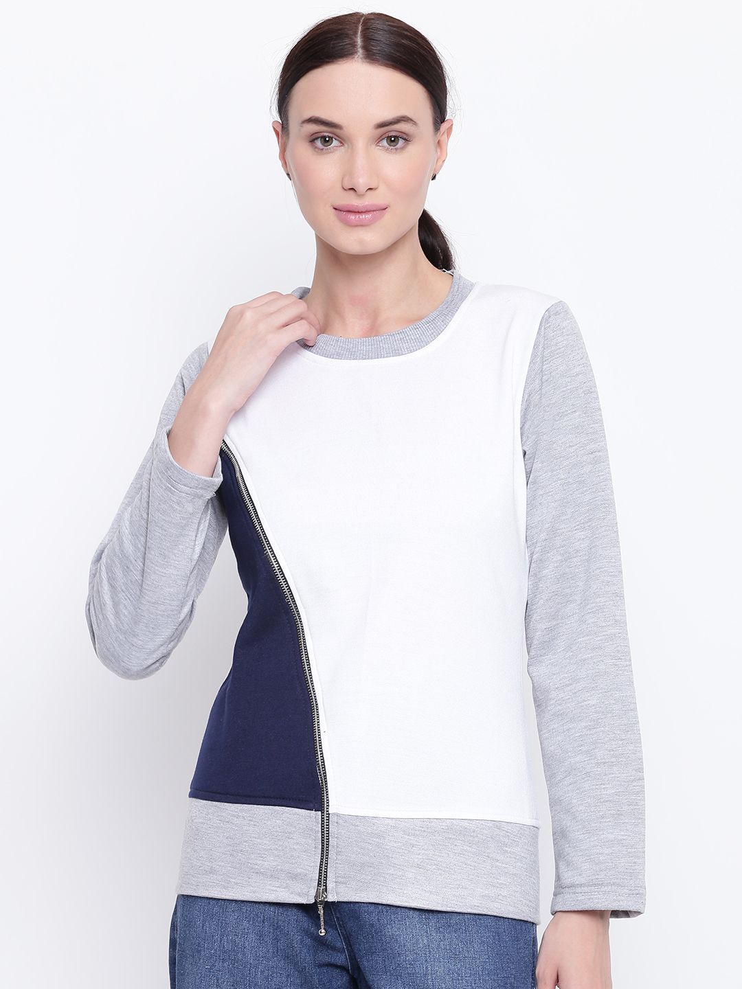 Belle Fille Women White & Grey Melange Colourblocked Sweatshirt Price in India